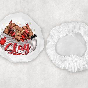 Woman's Red Black Nails Slay Design Custom Double Layered Satin Hair Bonnets